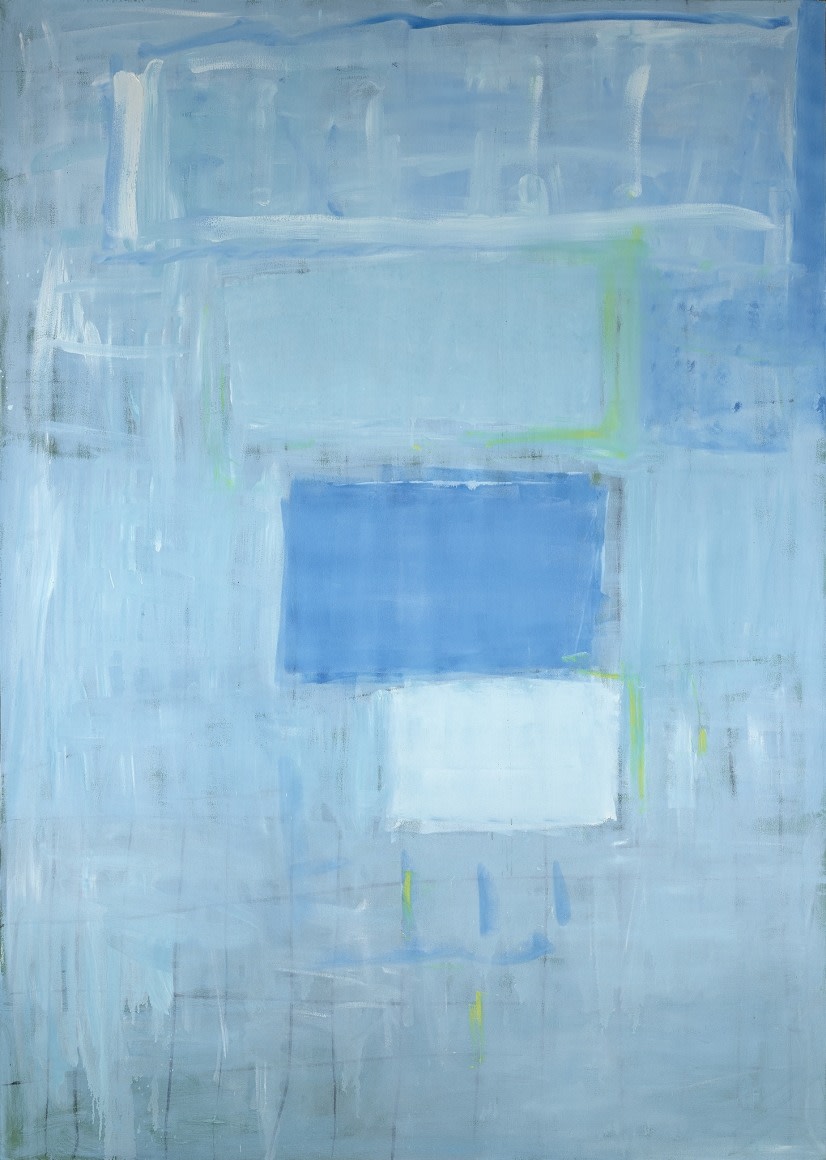 Katherine Parker, Kick The Can, 2017, Oil on canvas, 84 x 60 inches, Abstract painting with multiple layers of blue and white, Katherine Parker is known for her large vividly painted canvases which are characterized by layers of stumbled and abraded oil paint.
