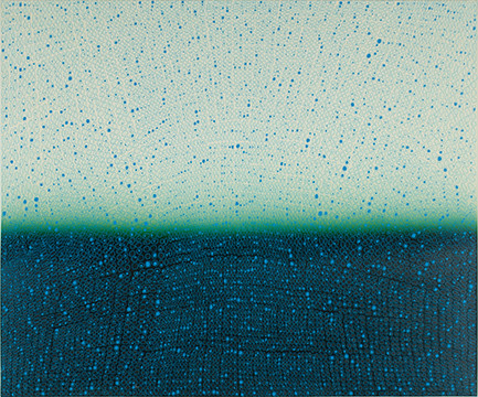 Teo Gonzalez, Arch/Horizon Painting 4, 2015, Acrylic on canvas over board, 36 x 44 inches.Light teal and aegean blue background with signature grid on top. Teo Gonzalez was born in Spain, and his signature style are works that consist of thousands of drops of water, arranged into a grid pattern, inside of which a small amount of ink or enamel was dropped and left to dry.