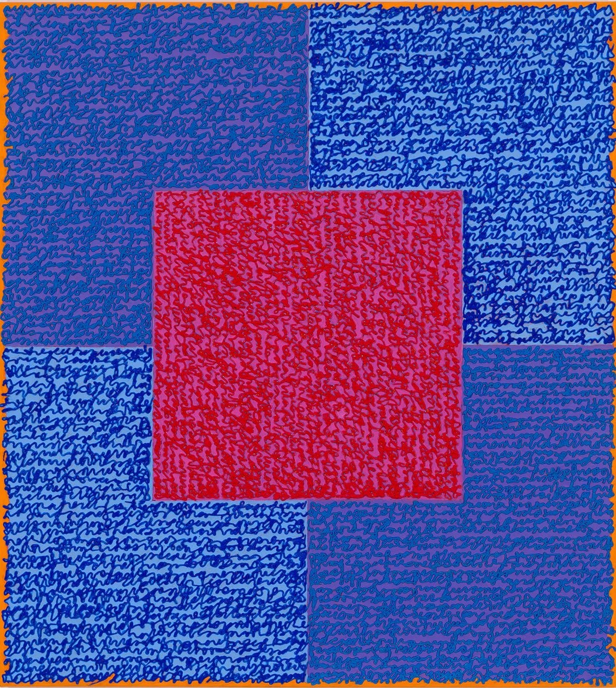 Louise P. Sloane, Blues, 2015 , 40 x 34 inches, Acrylic paint and pastes on aluminum panel, SOLD,  four squares and a central square (pink and blue) with personal text written over the squares in blue and pink to create three dimensional texture. Louise P. Sloane has been creating abstract paintings since 1974, embracing minimalist techniques and the beauty of color and texture.