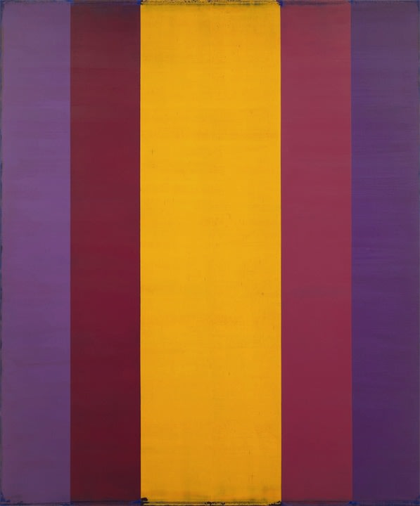 Steven Alexander, Generation 2, 2018, Oil and acrylic on linen, 60 x 50 inches, 5 vertical rectangles in purple, magenta and yellow mirroring the others. Steven Alexander is an American artist who makes abstract paintings characterized by luminous color, sensuous surfaces and iconic configurations.