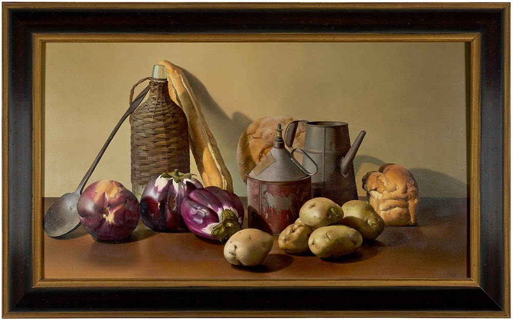 Jeanne Duval,  Still Life with Bottle &amp; Tin, 1995,   Oil on linen,  20 x 35 inches,   Signed lower right. Still life oil painting with potatoes, bread, tin watering cans, against a cream wall. Jeanne Duval creates dramatic still life&rsquo;s that are simultaneously realistic and surrealistic. The extreme detail with which she paints is similar to that of the Dutch masters&rsquo; still life&rsquo;s of the 17th century, meticulously capturing blemishes and imperfections; her objects seem to move beyond the realm of real life.