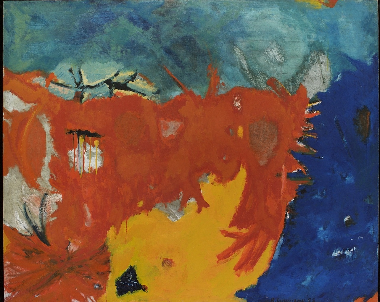 Bob Thompson, Provincetown, 1959, Oil on board, 51 x 63 inches, Signed lower right, Abstract work with orange, blue and yellow, Bob Thompson is recognized for the vibrancy of his paintings and influence to successive generations of artists.