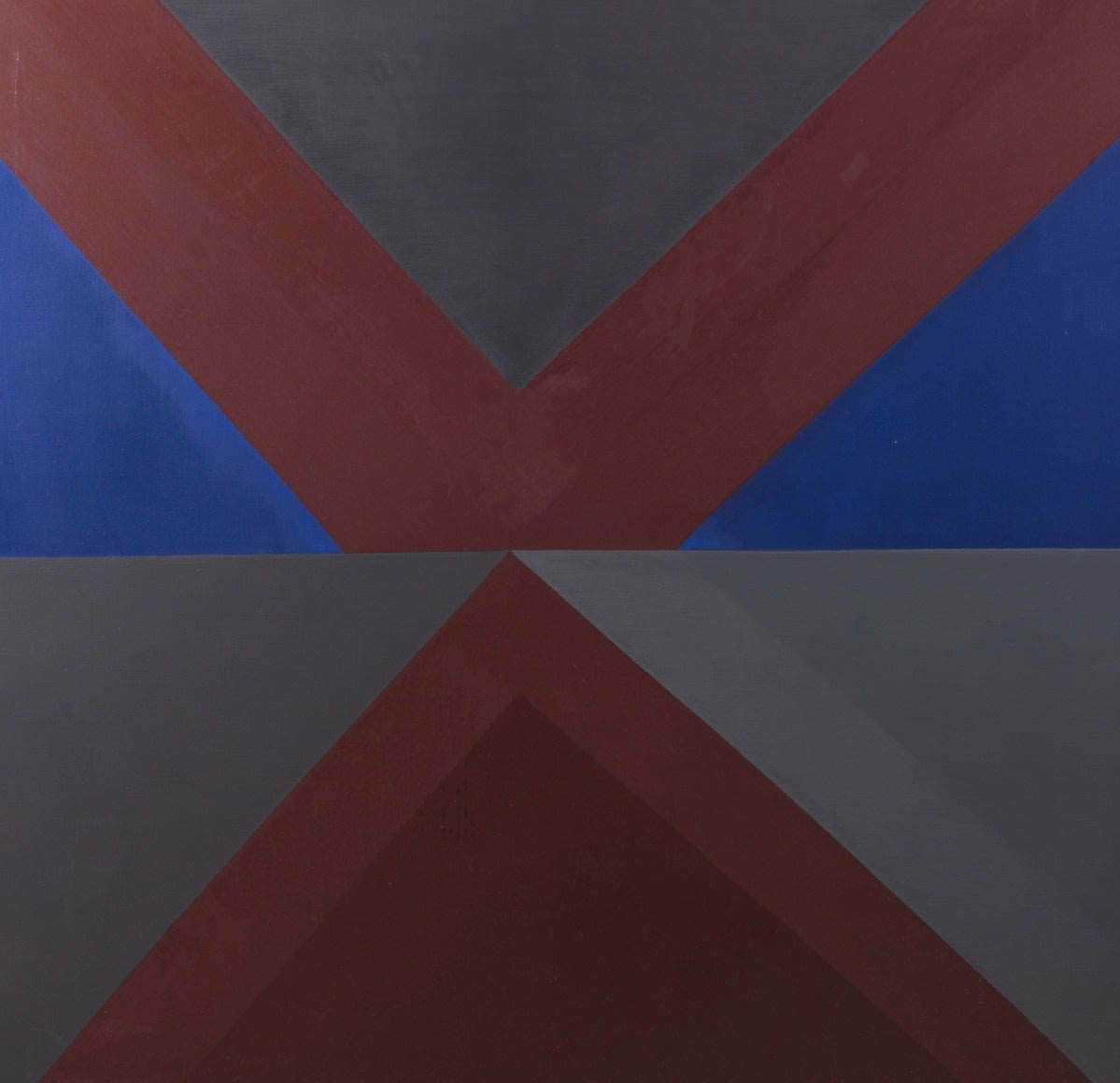 Felrath Hines, Untitled #2, 1978, Oil on canvas, 46 x 48 inches. Canvas divided horizontally with red, blue and grey geometric triangles and shapes. Felrath Hines worked to create universal visual idioms from a place of complex personal experience. His figurative and cubist-style artwork morphed into soft-edged organic abstracts as he grappled with hues in his chosen oil medium.