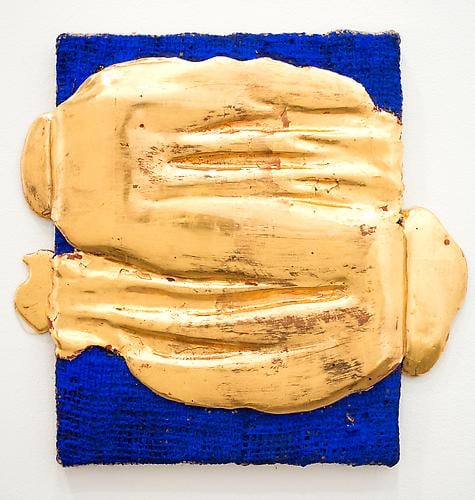 Nancy Lorenz, Red Gold Pour on Burlap (2014)