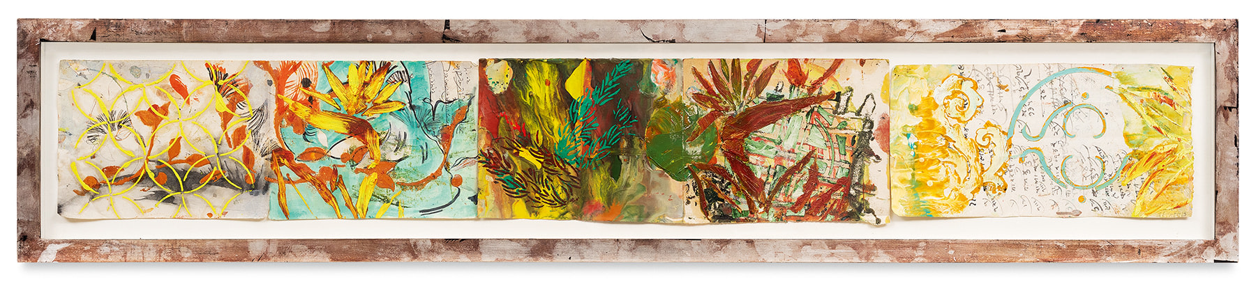 Ragamala 11, 2013,&nbsp;Oil stick, encaustic, vintage Indian paper, in artist&#039;s frame,&nbsp;10 x 51 inches,&nbsp;25.4 x 129.5 cm,&nbsp;MMG#30619