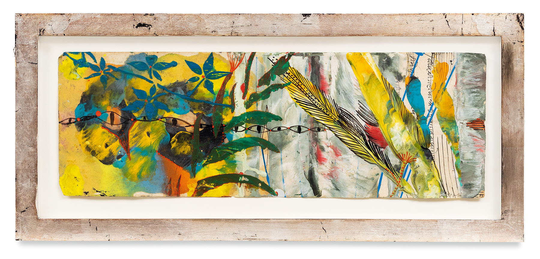 Raga 10, 2013,&nbsp;Oil stick, encaustic, vintage Indian paper, in artist&#039;s frame,&nbsp;9 7/8 x 21 7/8 inches,&nbsp;25.1 x 55.6 cm,&nbsp;MMG#30625