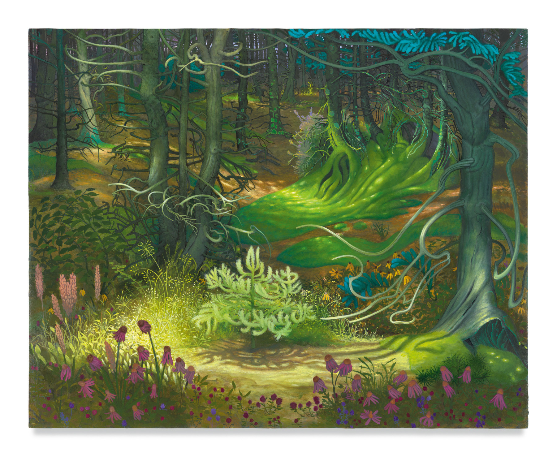 This is a painting of a dense surrealist forest. The artwork depicts lush green foliage and various plants.