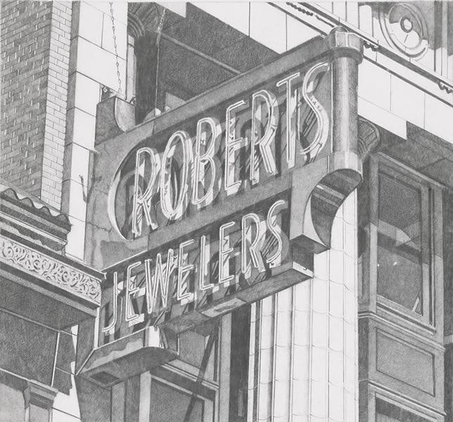Roberts Jewelers (Vertical), 2013, Graphite on Vellum, 16 1/8 x 17 3/8 inches, 41 x 44.1 cm, AMY#29127