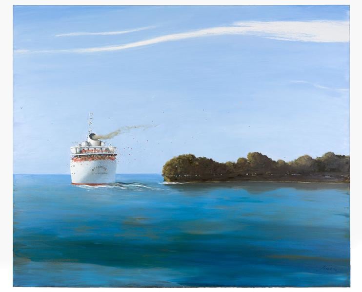 Julio Larraz, Where the Santa Ana Meets the Sea, 2014, Oil on canvas, 60 x 72 inches, 152.4 x 182.9 cm, A/Y#22030