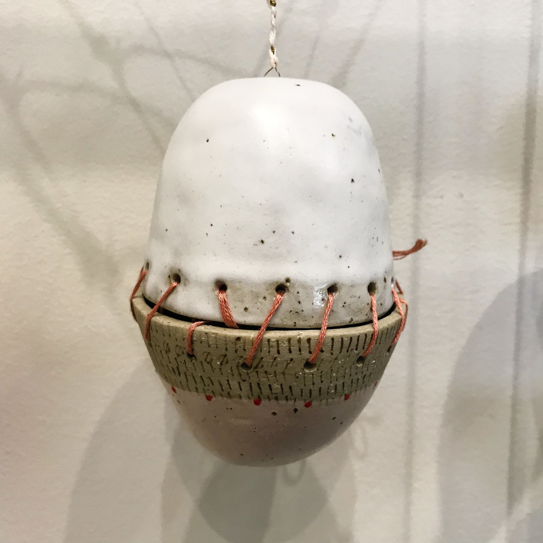 Amanda Humphries, Closed Loop Circuit (Fading Lucretius) recycled stoneware with thread, bell, wire, beads ​2018