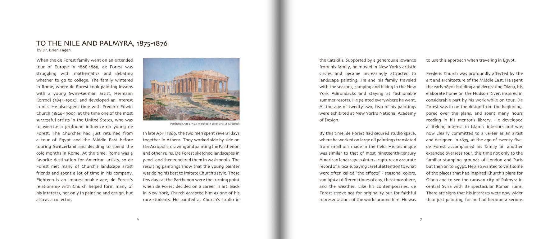 Pages 6 and 7 of IN SEARCH OF THE SOURCE: Paintings of the Nile and Beyond by Lockwood de Forest (1850-1932), featuring first two pages of essay &quot;To the Nile and Palmyra, 1875-1876&quot; by Dr. Brian Fagan
