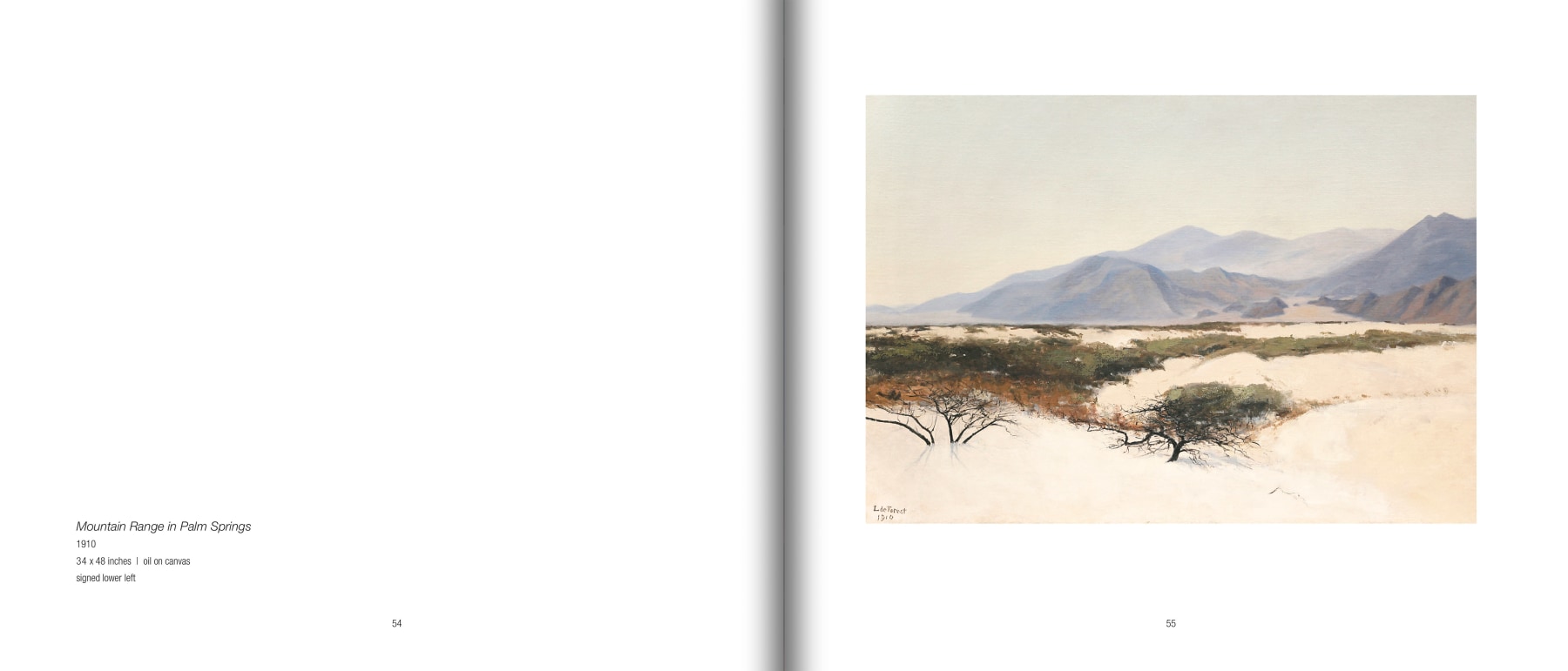 Pages 54 and 55 of De Forest's PALM SPRINGS, featuring &quot;Mountain Range in Palm Springs&quot;, 1910 by Lockwood de Forest (1850-1932)