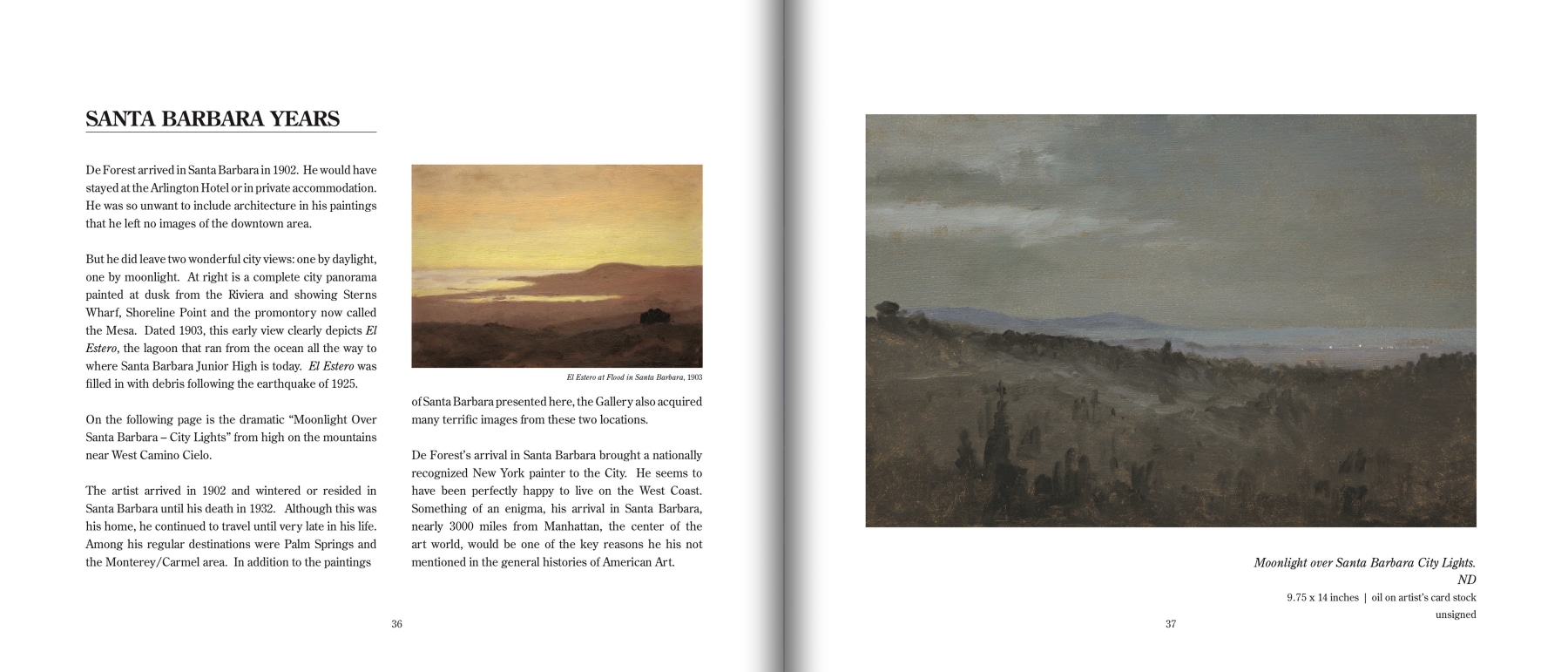 Pages 36 and 37 of De Forest's SANTA BARBARA, featuring remark &quot;Santa Barbara Years&quot; and &quot;Moonlight over Santa Barbara City Lights&quot; by Lockwood de Forest (1850-1932)