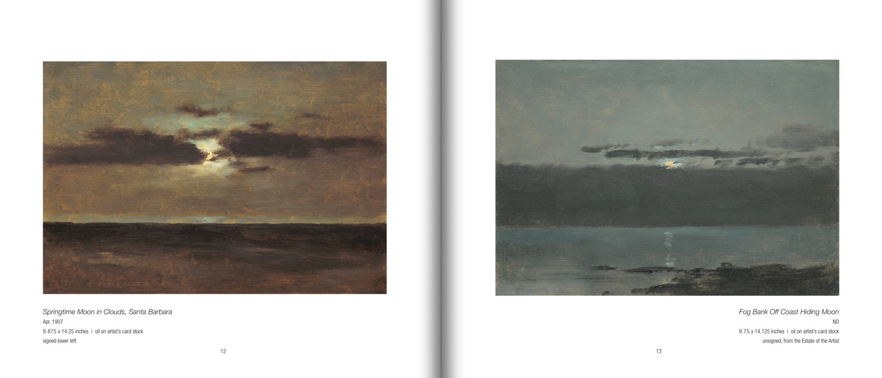 Pages 12 and 13 of 40 NIGHTS: An Exhibition of the Night Paintings of Lockwood de Forest, featuring &quot;Springtime Moon in Clouds, Santa Barbara&quot;, Apr. 1907 and &quot;Fog Bank Off Coast Hiding Moon&quot; by Lockwood de Forest (1850-1932)