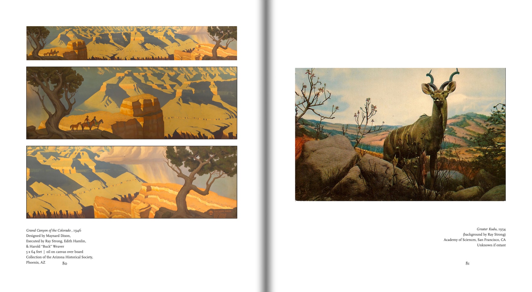 Pages 80 and 81 of RAY STRONG: American Artist, featuring a mural designed by Maynard Dixon and co-executed by Ray Strong, Edith Hamlin, &amp; Harold &quot;Buck&quot; Weaver as well as a backdrop by Ray Strong for the Academy of Sciences in San Francisco, CA