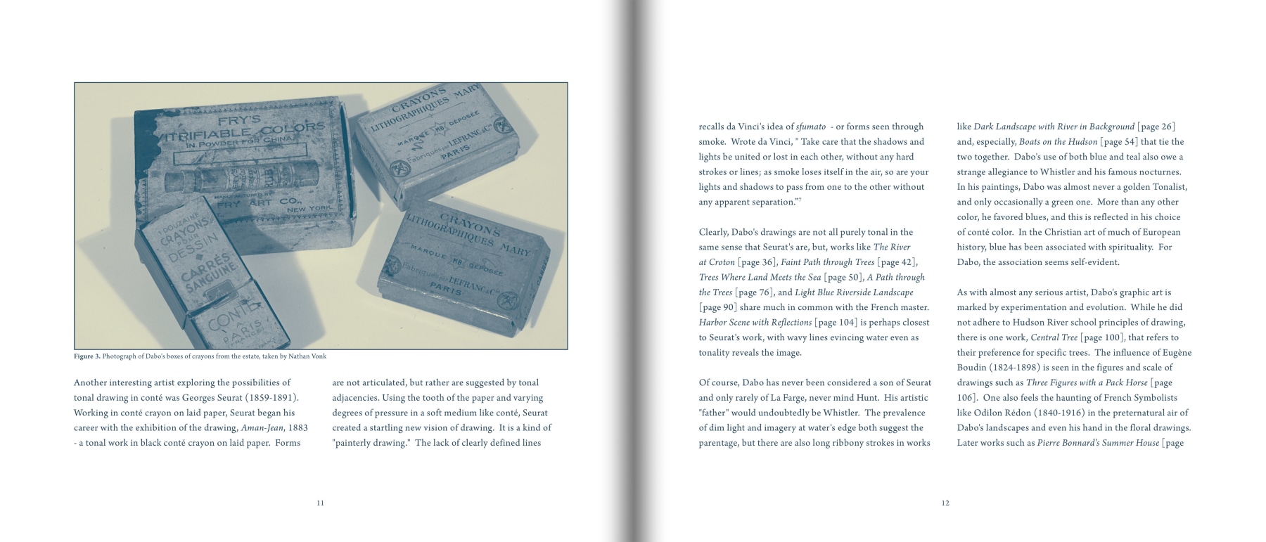Pages 11 and 12 of The Drawings of LEON DABO, featuring two pages of the essay and a blue and white photograph of the artist's drawing materials