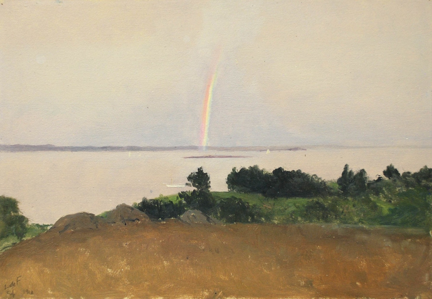 Lockwood De Forest, Carmel Bay Pebble Beach Overlook, with Rainbow and Sailboats (Monterey), September 1910