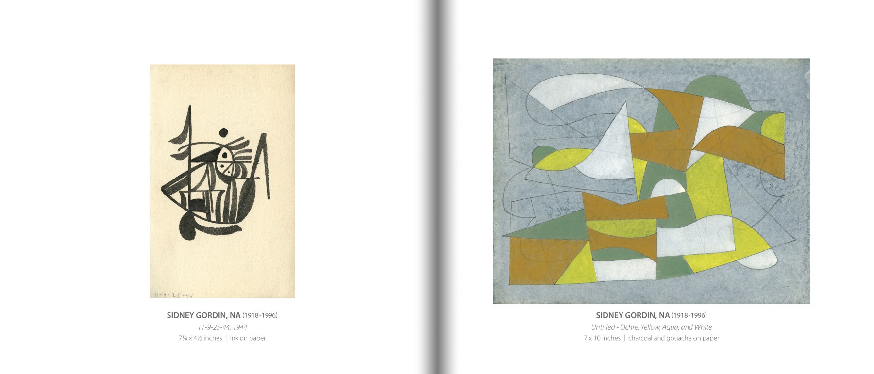 Internal pages of AN EVEN DOZEN catalog, including images of &quot;11-9-25-44&quot; and &quot;Untitled - Ochre, yellow, Aqua, and White&quot; by SIDNEY GORDIN (1918-1996)