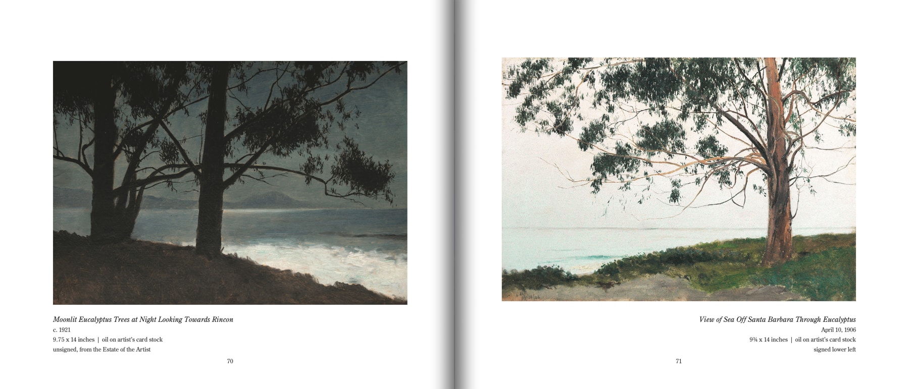 Pages 70 and 71 of De Forest's SANTA BARBARA, featuring &quot;Moonlit Eucalyptus Trees at Night Looking Towards Rincon&quot;, c. 1921 and &quot;View of Sea Off Santa Barbara Through Eucalyputs&quot;, Apr. 10, 106 by LOCKWOOD DE FOREST (1850-1932)