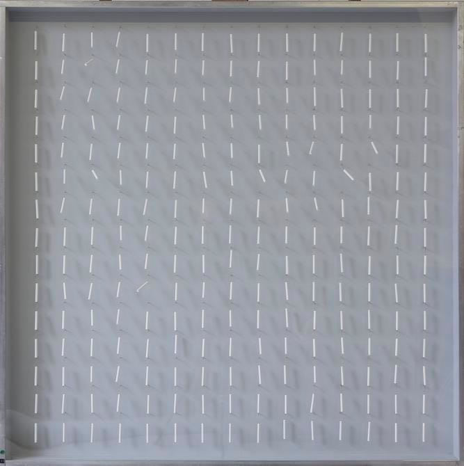 S&eacute;rvulo Esmeraldo, Excitable (E7513), 1975. Wooden base, Plexiglas, thread balsa wood, paint, aluminum frame, 39 3/8 x 39 3/8 x 3 in. / 100 x 100 x 7.6 cm.