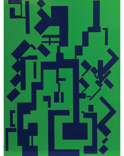 Thomas Glassford, Compound, 2018. &nbsp;Lacquer on MDF, 47 3/16 x 35 3/8 inches.