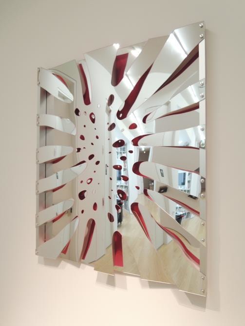 Thomas Glassford, Untitled, 2014. Mirrored Plexiglas and anodized aluminum, 48 in. x 41.6 in. x 2.4 in.