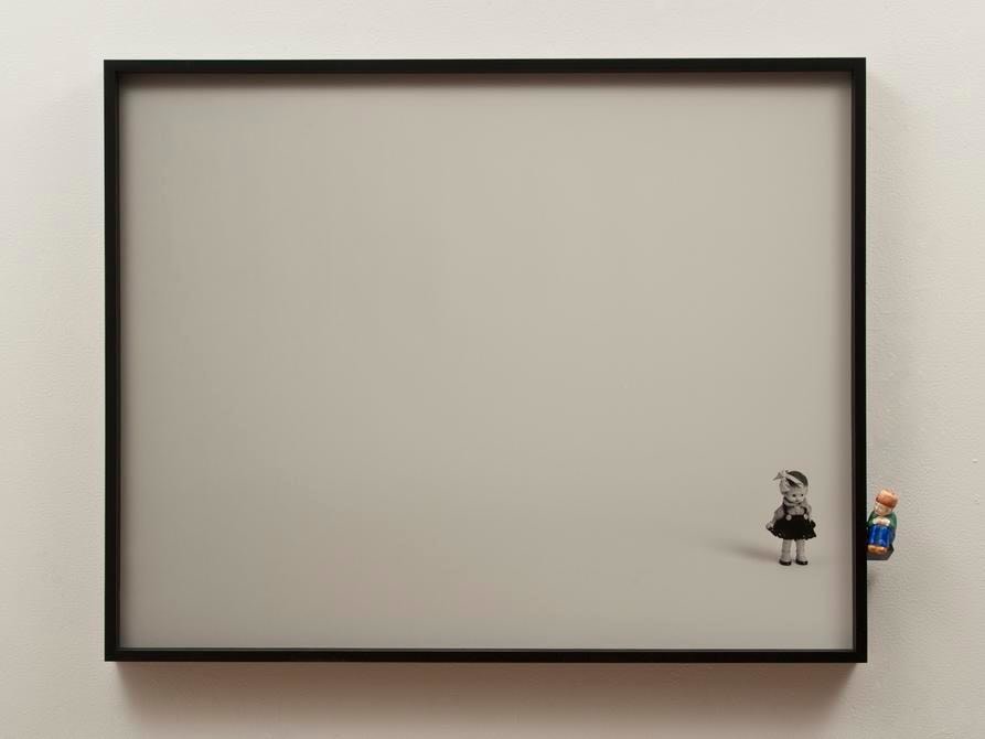 Liliana Porter. Dialogue with salt shaker. 2012. Digital duraflex, wooden shelf and object, 26 x 33 x3 in.