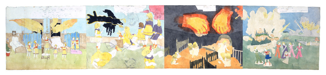 Henry Darger At Mccalls Run...,&nbsp;&nbsp;&nbsp; 1-at McCalls run,&nbsp;&nbsp;&nbsp; 2-a demon appears in room,&nbsp;&nbsp;&nbsp; 3-hands of fire,&nbsp;&nbsp;&nbsp; 4-Torrington imperaled by explosion, , Seized at cavern mouth and strangled senseless (verso), n.d.