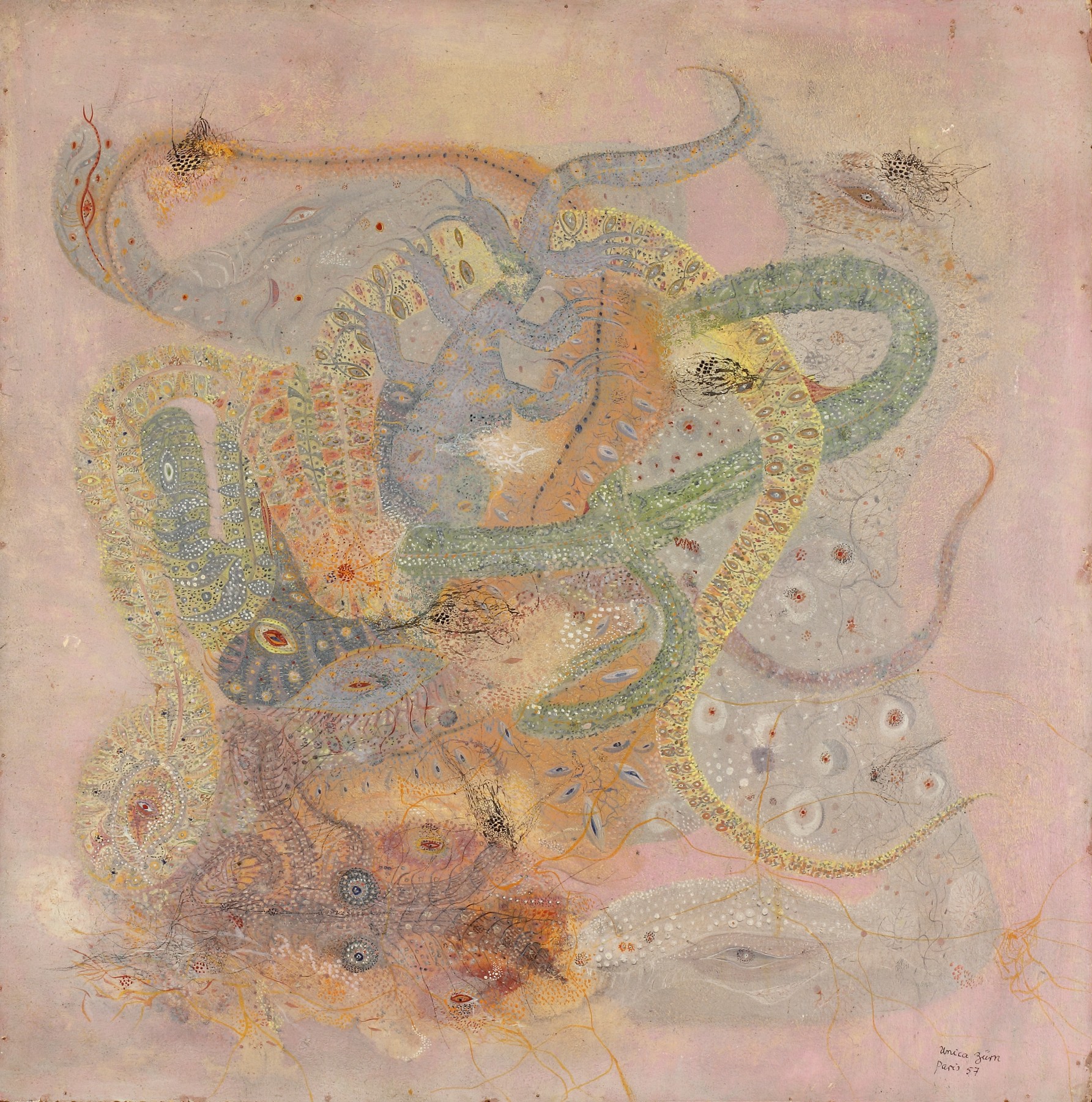 Unica Zürn&nbsp;(1916-1970) Germany/France, La Serpenta (The Serpent), 1957, Oil on panel, 19.5 x 19.5 in