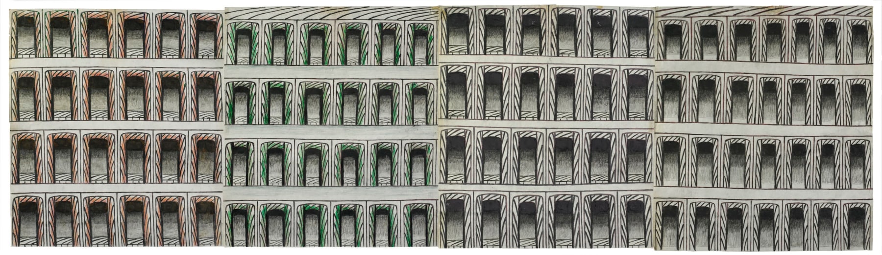 Mart&iacute;n Ram&iacute;rez&nbsp;(1895-1963) Mexico/USA, Untitled (Arches), c. 1960-63, Gouache, colored pencil, and graphite on pieced paper, 20&nbsp;x 90&nbsp;in