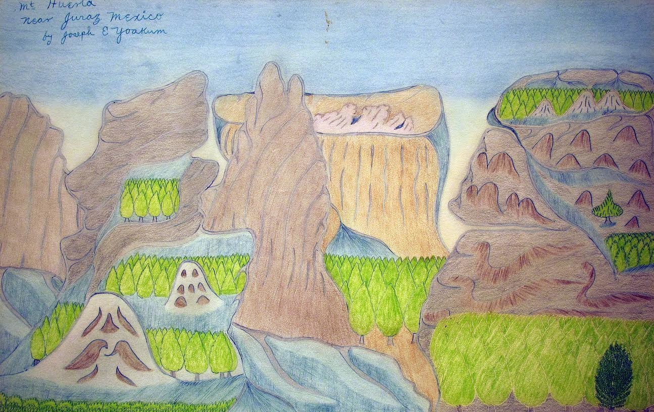 Joseph Yoakum&nbsp;(1890-1972) Etats-Unis, Mt. Huerta near Juraz Mexico (Mt. Huerta pr&egrave;s de Juarez au Mexique), c. 1970, Stylo et crayon de couleur sur papier,&nbsp;30.5&nbsp;x 48&nbsp;cm
