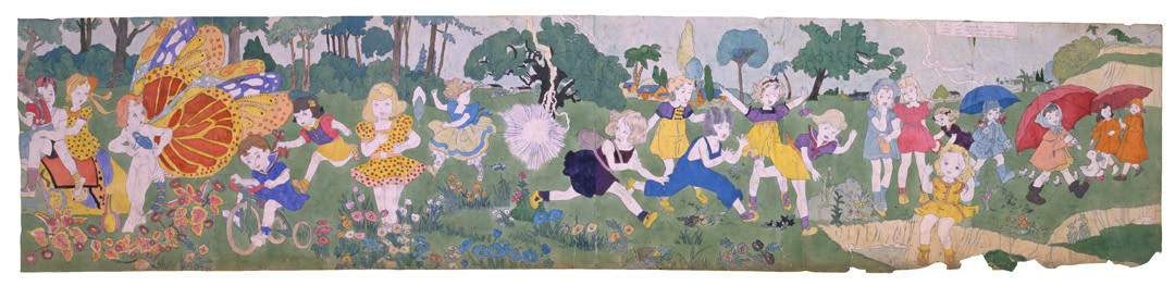 Henry Darger&nbsp;(1892-1973) USA, Untitled (At Jennie Richee Going out of Shelter as Storm Abates), n.d., Watercolor, pencil on paper, 24 x 106 in