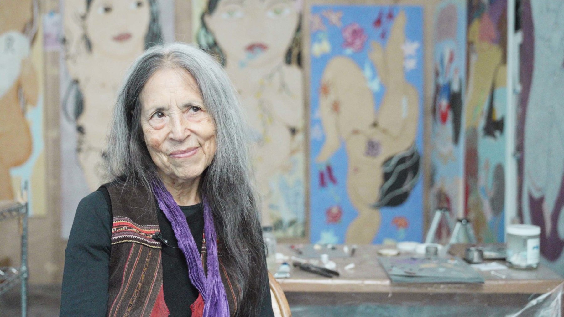 In the Studio with Cecilia Vicuña, Filmed on the occasion of Cecilia Vicuña’s 2024 solo exhibition La Migranta Blue Nipple at Lehmann Maupin in New York.