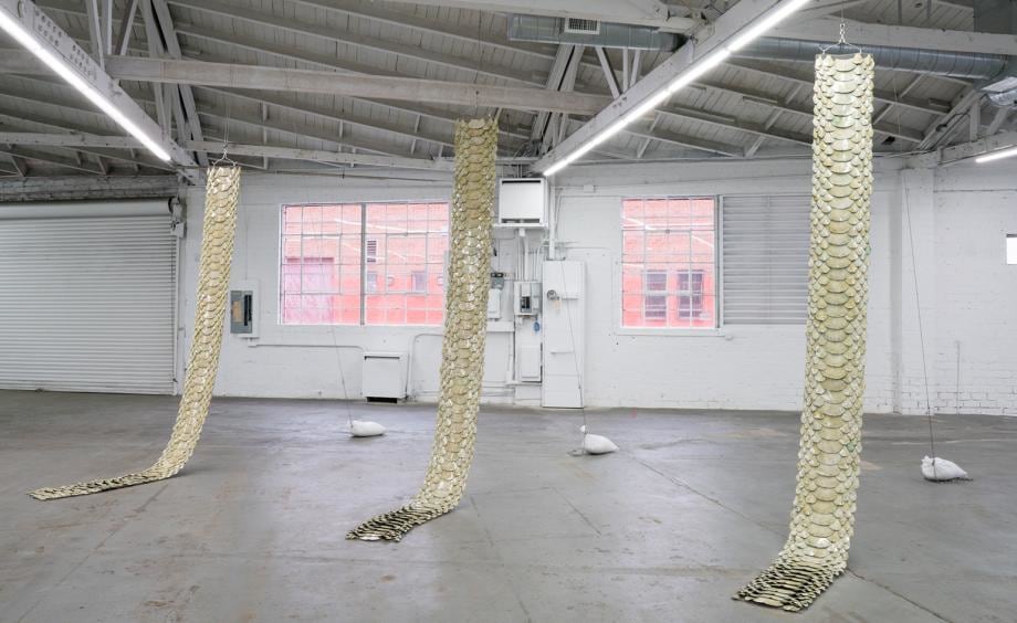 Elaine Cameron-Weir&rsquo;s new animalistic sculptural work takes centre stage at&nbsp;Venus Over Los Angeles. Pictured: an installation view of Cameron-Weir&rsquo;s hanging&nbsp;Snake Piece&nbsp;series