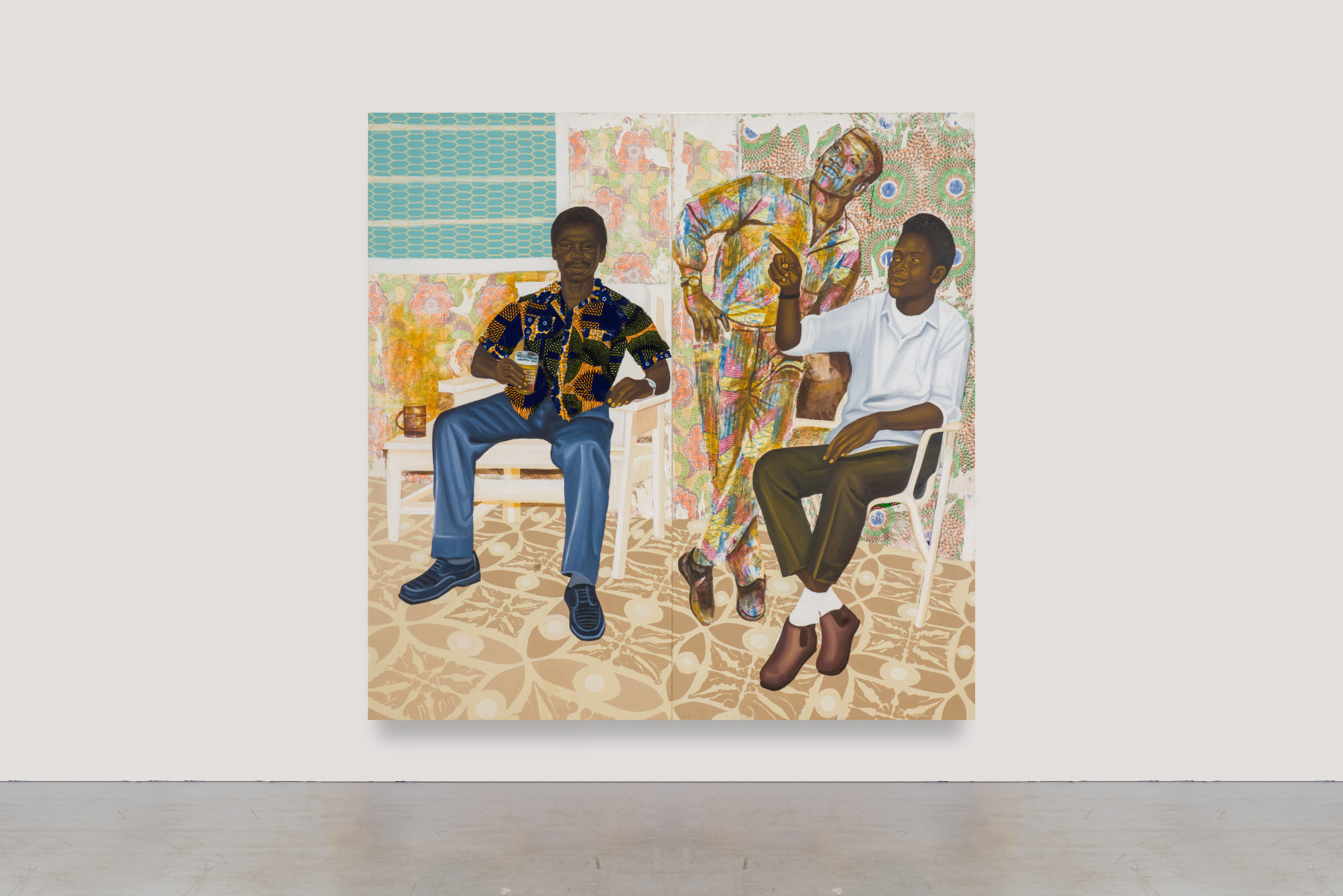 Cornelius Annor, "Obiaa beko," 2021 Diptych: fabric collage, fabric transfer, and acrylic on canvas Overall: 72 1/4 x 72 1/4 in (183 x 183 cm) Each panel: 72 1/4 x 36 1/4 in (183 x 91.5 cm)