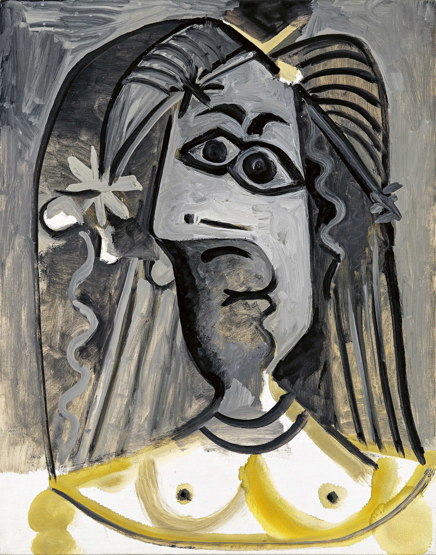 Pablo Picasso painted Buste de femme in 1971, which depicts his wife of the time Jacqueline. In this expressive late work, Picasso's wife is represented with the shifted perspectives so typical of the artist, so that the face can be seen simultaneously frontal as well as in profile.
