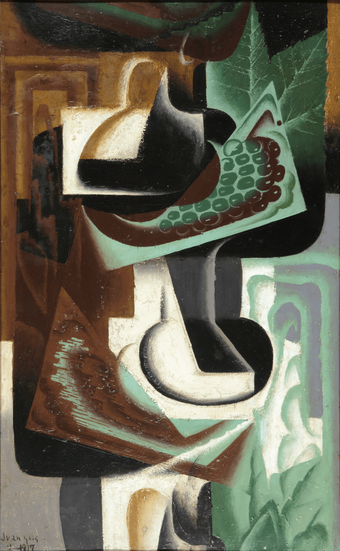 Juan Gris, La Grappe de Raisin, 1917 Oil on panel 61 x 38 cm. (24 x 15 in.) This painting represents in a cubist manner grapesin green, white, black