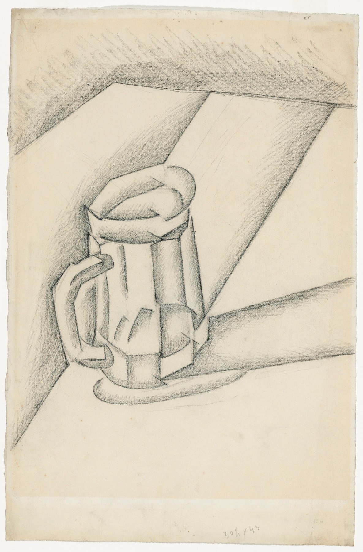 Juan Gris, Bock de Bi&egrave;re, 1911 Charcoal on paper 47.8 x 31.5 cm. (18 7/8 x 12 3/8 in.) This painting is a drawing in a cubist manner of a beer pint on a table.