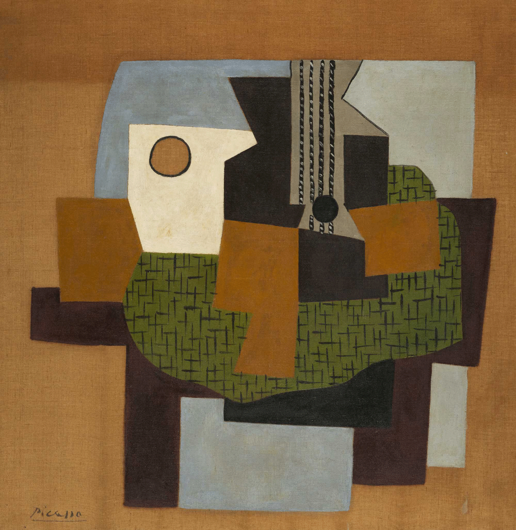 Pablo Picasso, Guitare sur une Table (verso: Le Portail, Fontainebleau) (Guitar on a Table), 1921. Oil on canvas 99 x 97.5 cm. (39 x 38 3/8 in.) &copy;Helly Nahmad Gallery NY