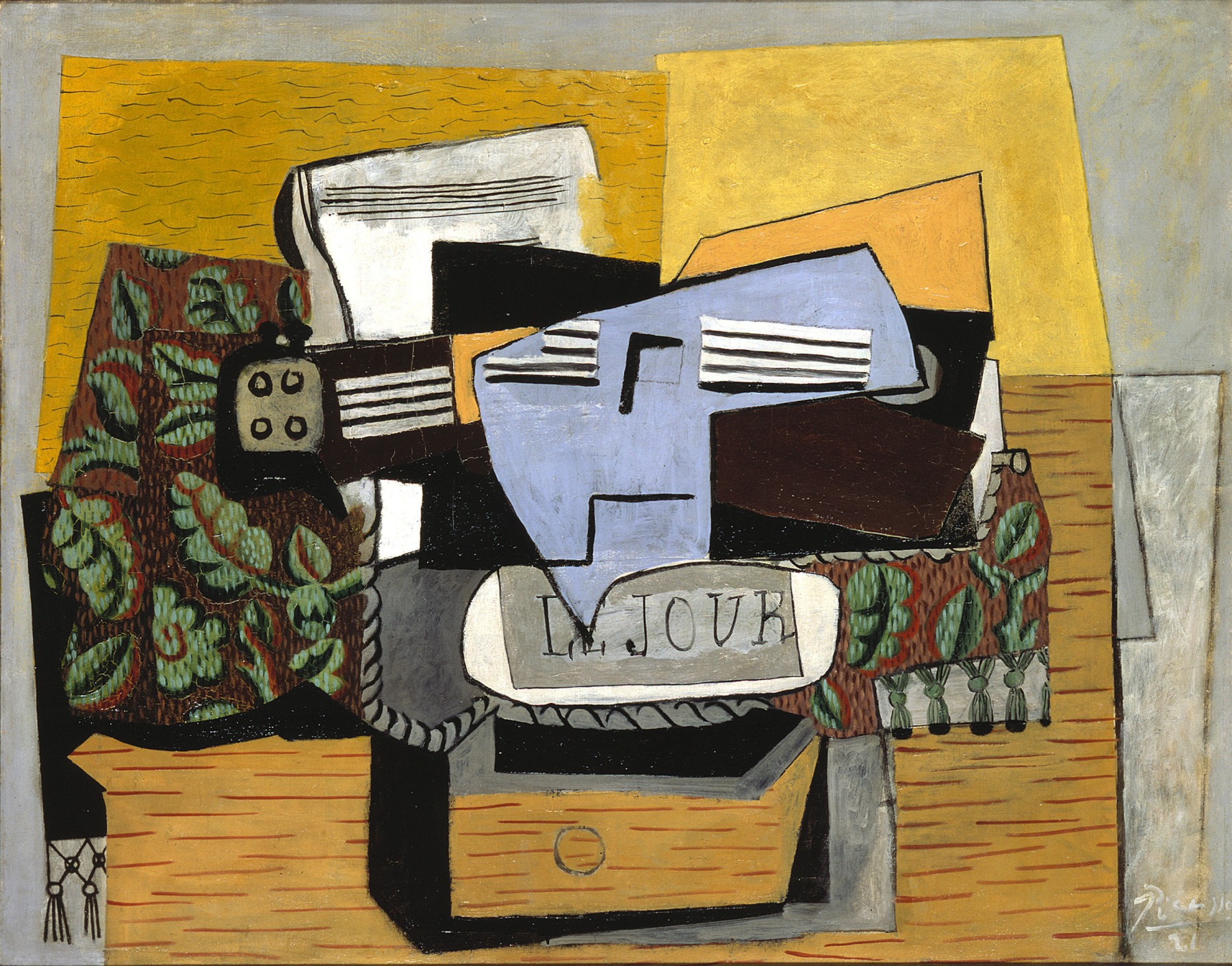 Pablo Picasso, Violon et Journal sur un Tapis Vert, 1922 Oil on canvas 73.3 x 92.1 cm. (28 7/8 x 36 1/4 in.)