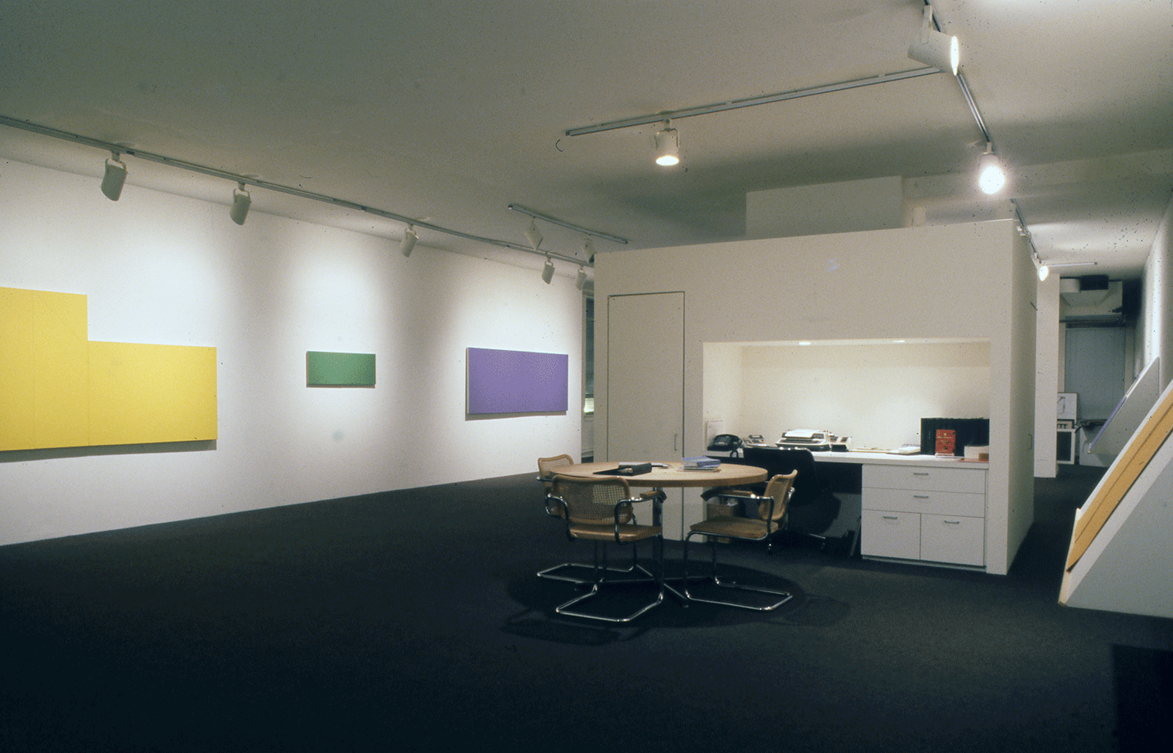 Installation view at Rhona Hoffman Gallery, Robert Mangold, Paintings on Canvas, Masonite, and Paper, 1977