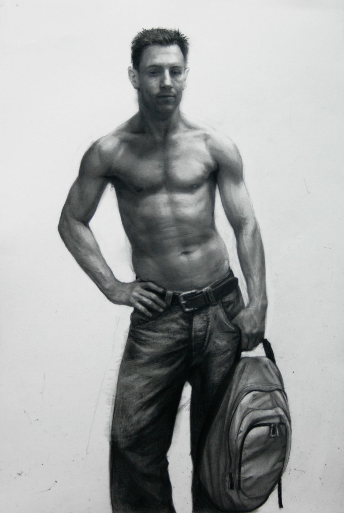 Steven Assael, Michael Holding a Backpack (SOLD), 2008, crayon and graphite on paper, 15 x 10 1/4 inches