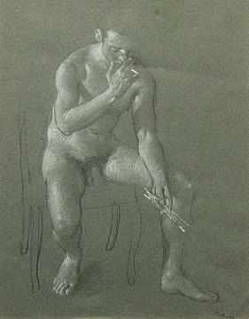 John Koch, Seated Male Nude, c. 1973, pencil heightened by white chalk on paper, 11 3/4 x 9 1/4 inches