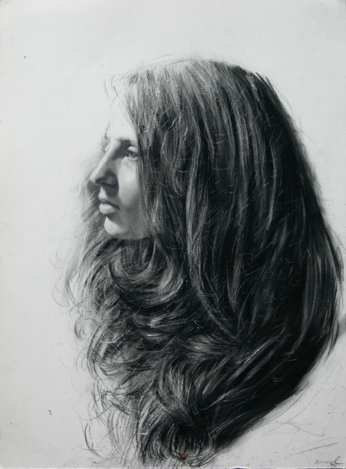 Steven Assael, Girl in Profile (SOLD), 1995, crayon and graphite on paper, 14 1/8 x 10 3/8 inches