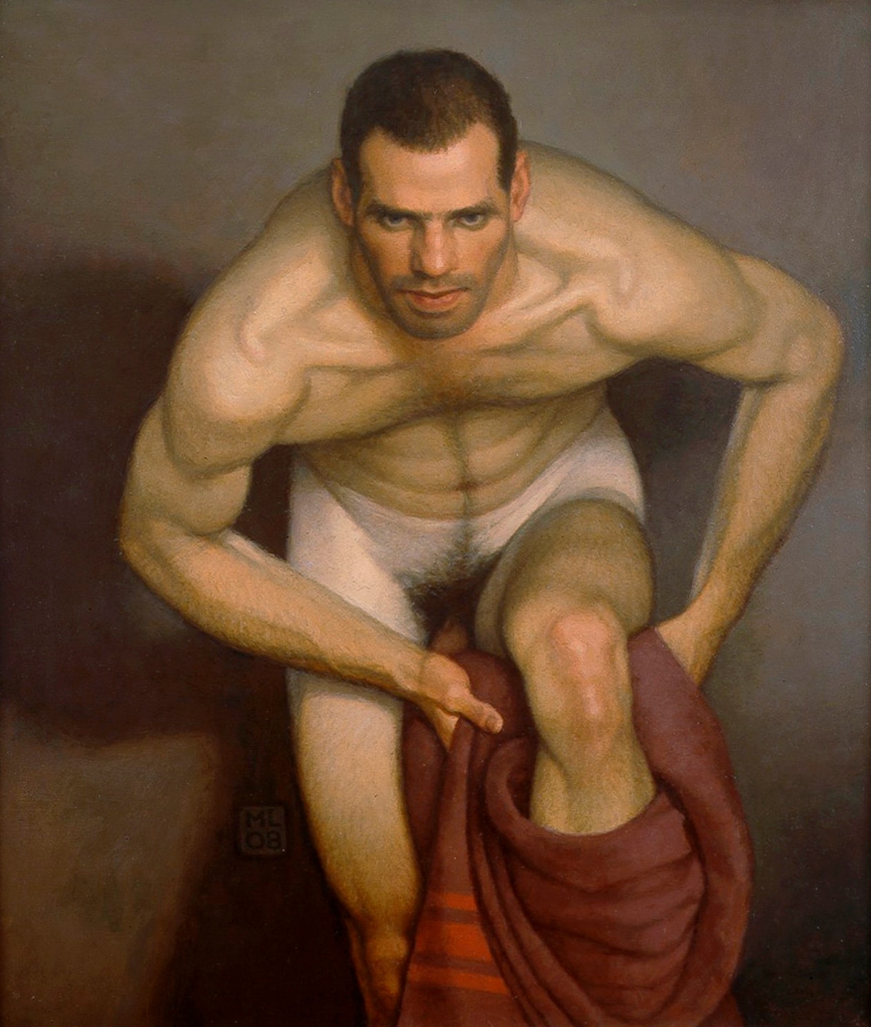 Michael Leonard, Bather with Intent (SOLD), 2008, alkyd-oil on masonite,  25 x 21 1/2 inches