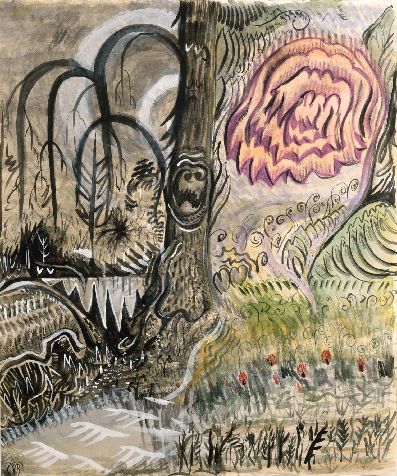 Charles Burchfield, Fantastic Landscape, 1917, watercolor, gouache, pen, black ink, brush, gray wash and purple crayon on paper, 21 x 17 inches