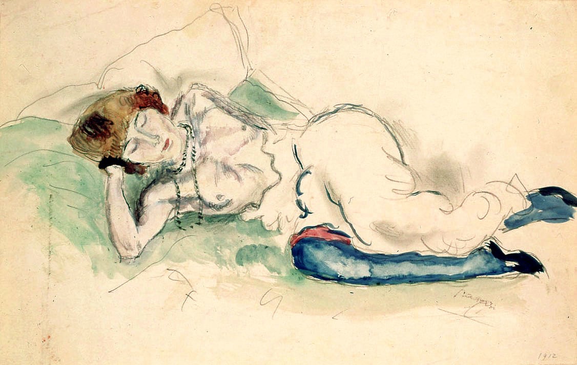 Jules Pascin, Hermine au Collier, 1912, watercolor over pencil on paper, 7 1/8 x 11 3/8 inches