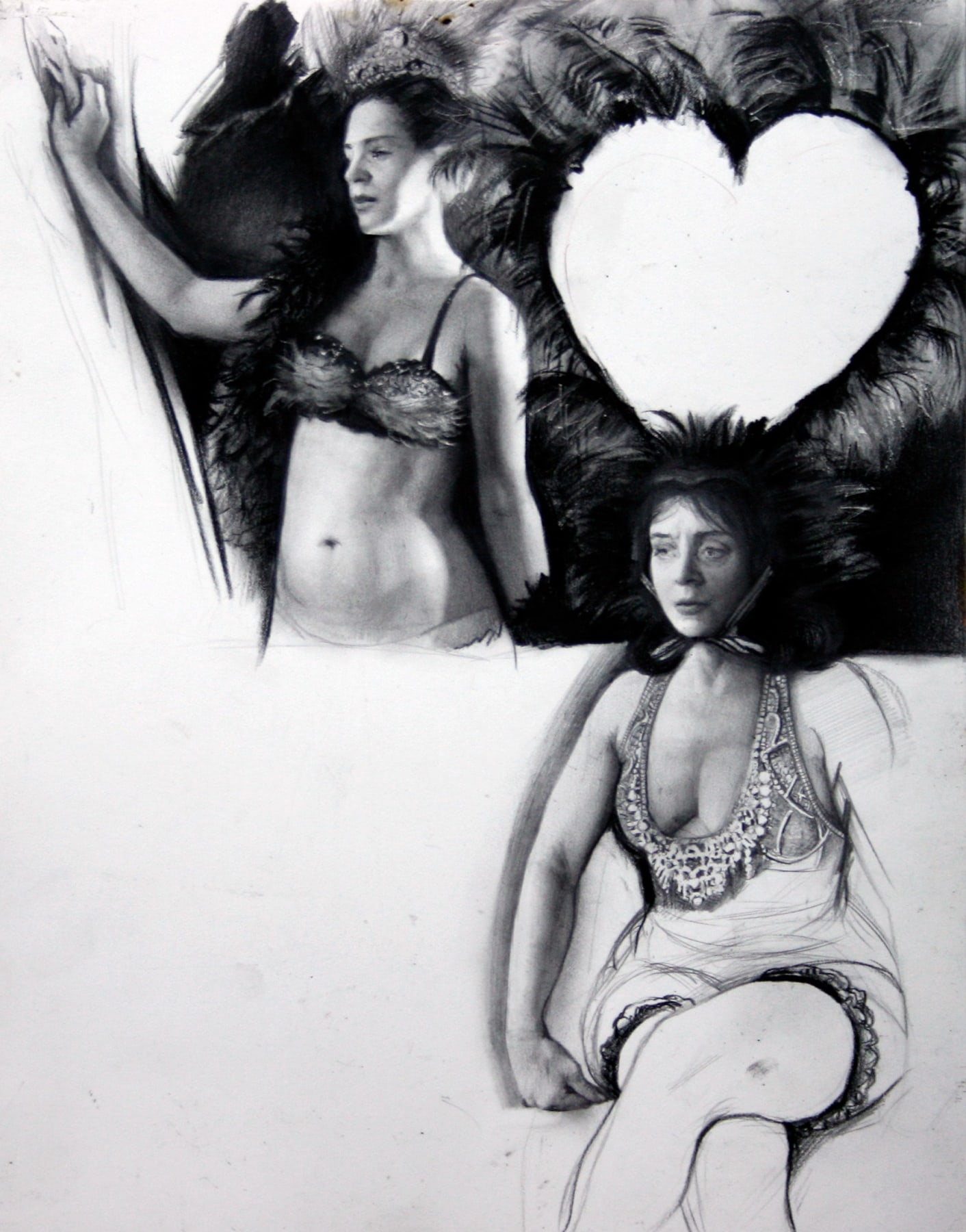 Steven Assael, Women with Feathers, 2008, crayon and graphite on paper, 14 x 11 inches
