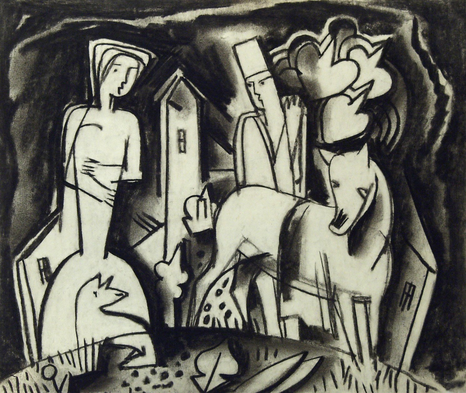 Bela K&aacute;d&aacute;r, Untitled (man behind horse, with woman), n.d., charcoal on paper, 6 7/8 x 8 1/8 inches