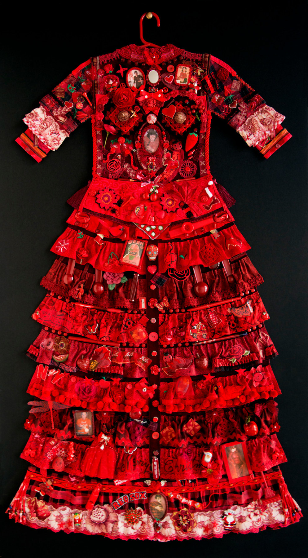 jane lund, Red Dress, 2013, assemblage of collected objects, 59 x 33 inches
